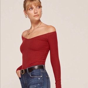 Reformation Sundown off-shoulder rib knit top